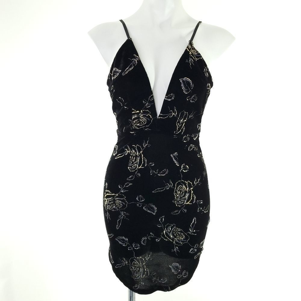 Millau Velvet Roses Dep V Neck Mini Dress Black Gold sz xs